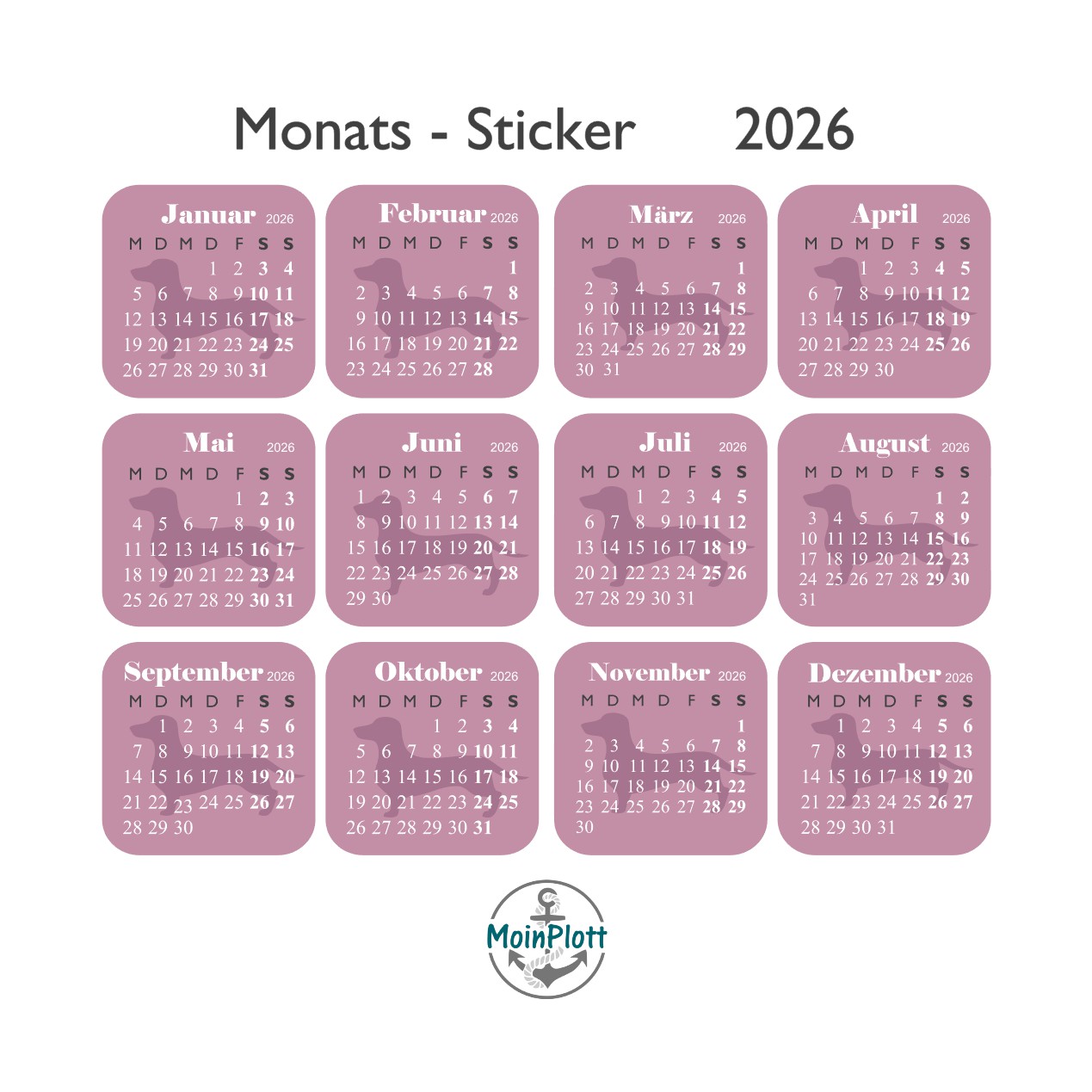 Kalender-Sticker 2026 Dackel-Edition Beere PDF