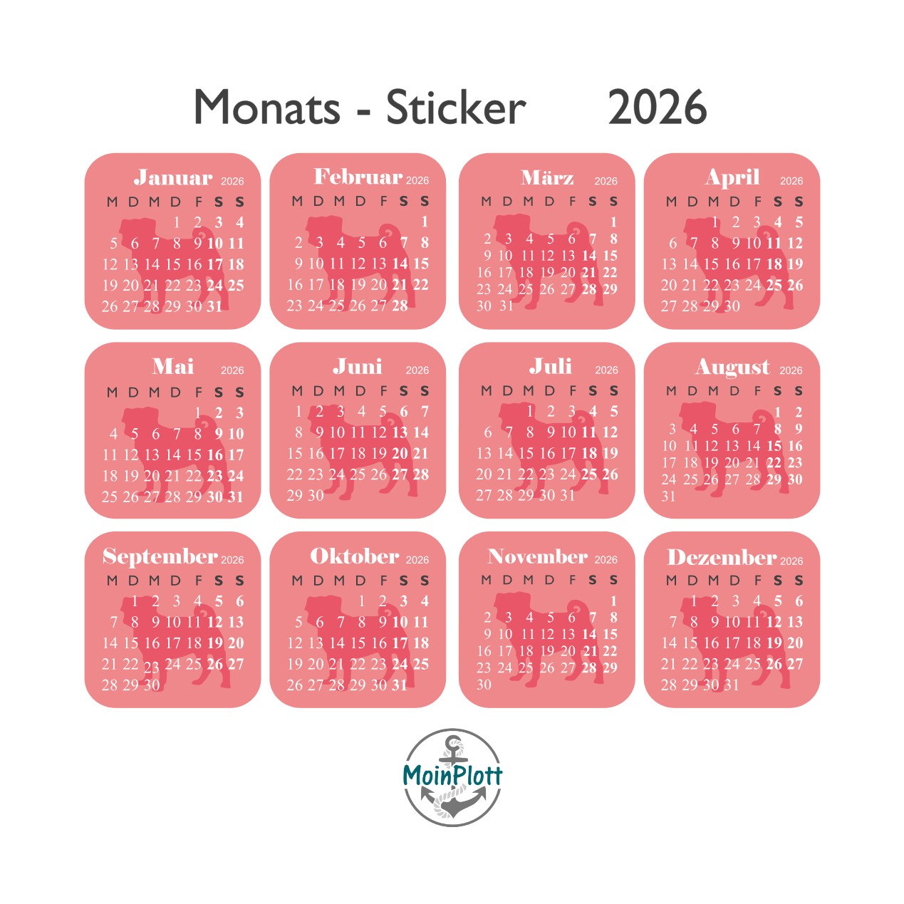 Kalender-Sticker 2026 Mops-Edition Lachs PDF